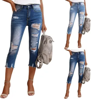 Capri Jeans for Women Stretch High Waisted Ripped Cropped Skinny Jeans Light Wash Distressed Denim Capris Streetwear