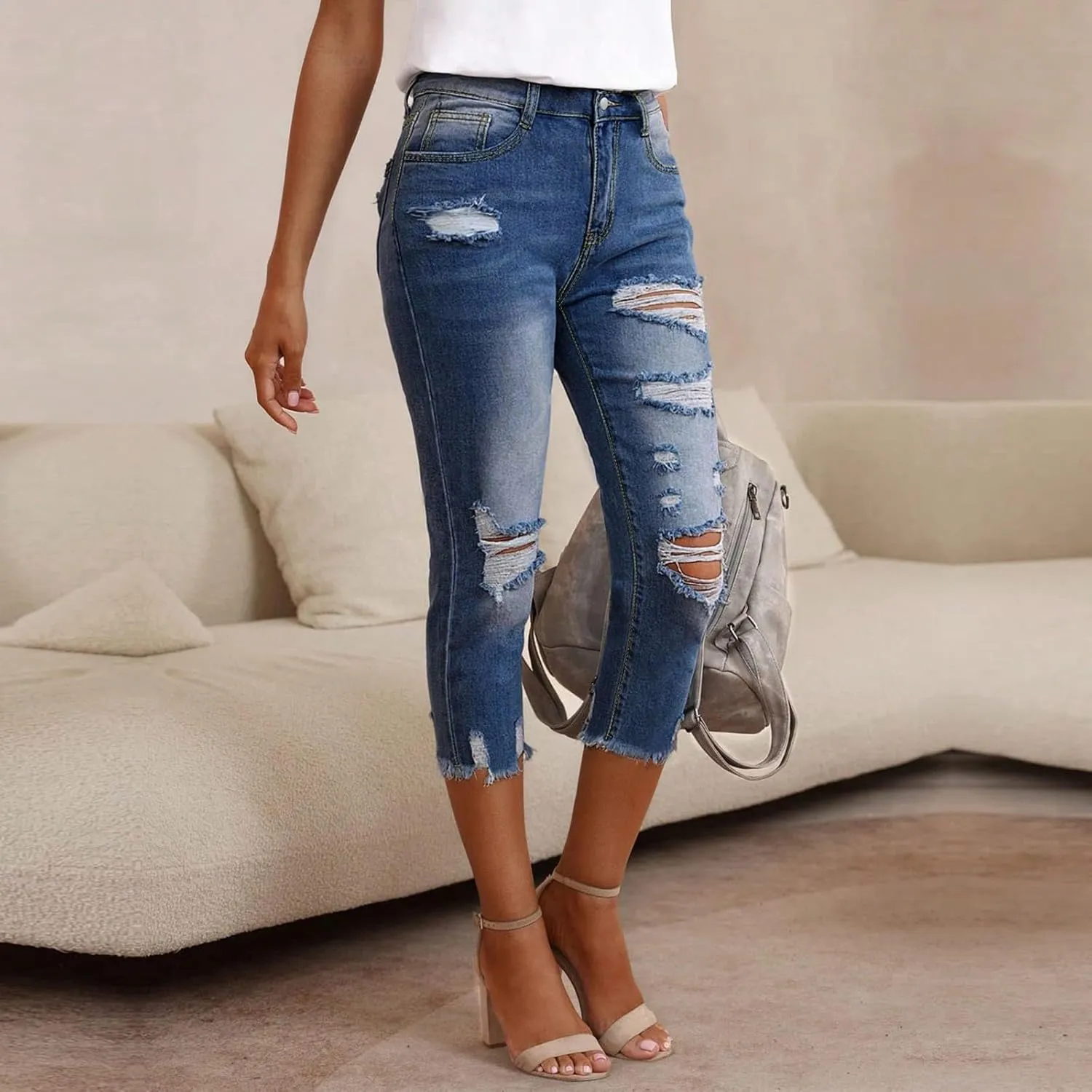 Capri Jeans for Women Stretch High Waisted Ripped Cropped Skinny Jeans Light Wash Distressed Denim Capris Streetwear