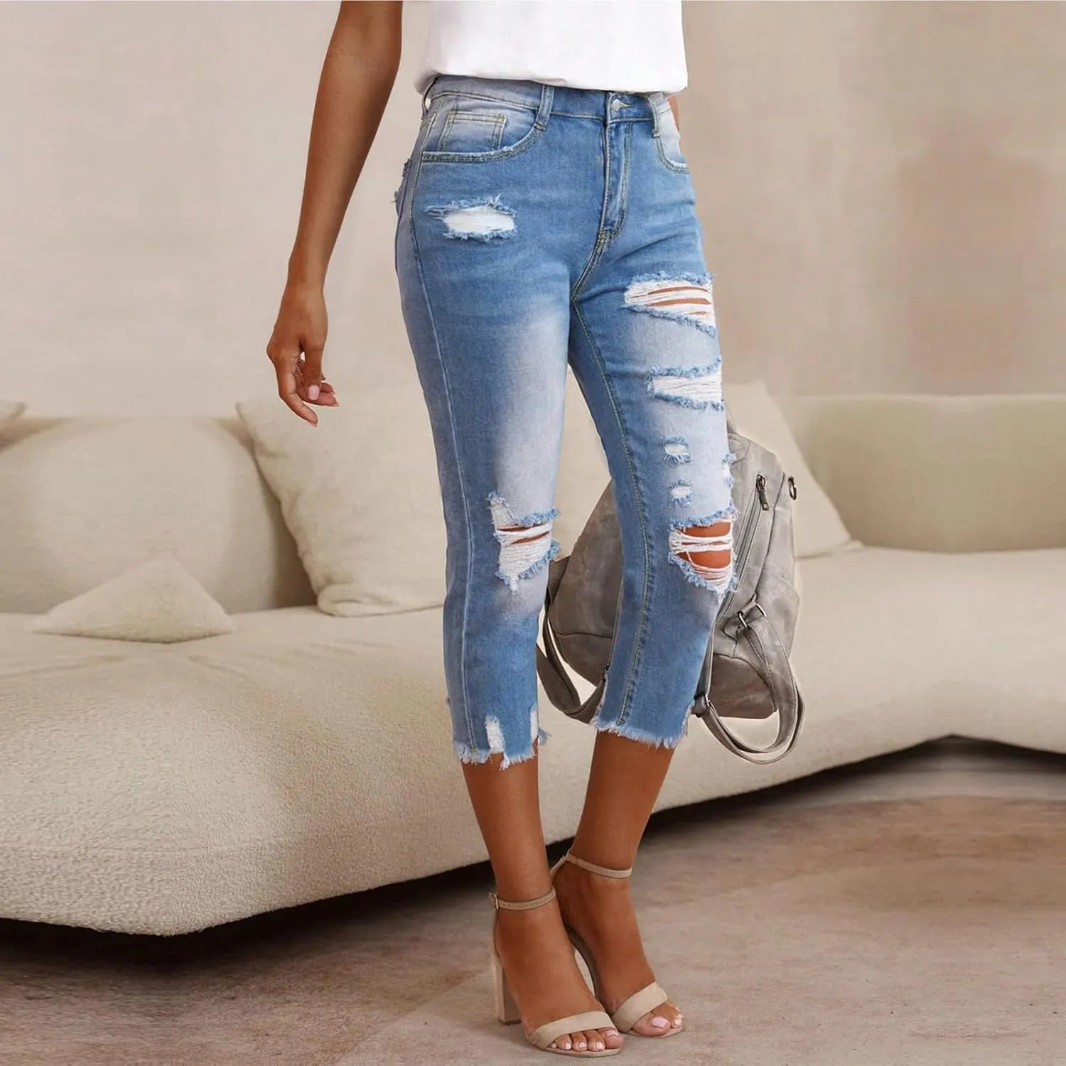 Capri Jeans for Women Stretch High Waisted Ripped Jeans with Pockets Summer Skinny Distressed Frayed Hem Denim Pant 2025