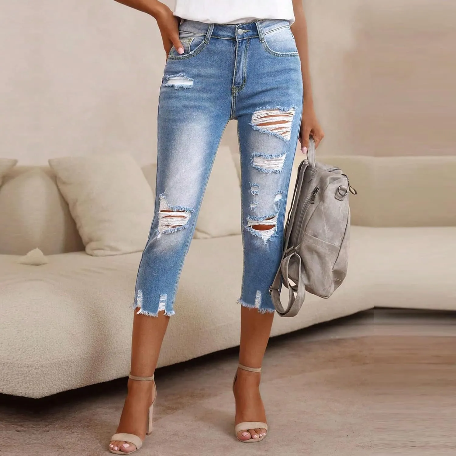 Capri Jeans for Women Stretch High Waisted Ripped Jeans with Pockets Summer Skinny Distressed Frayed Hem Denim Pant 2025