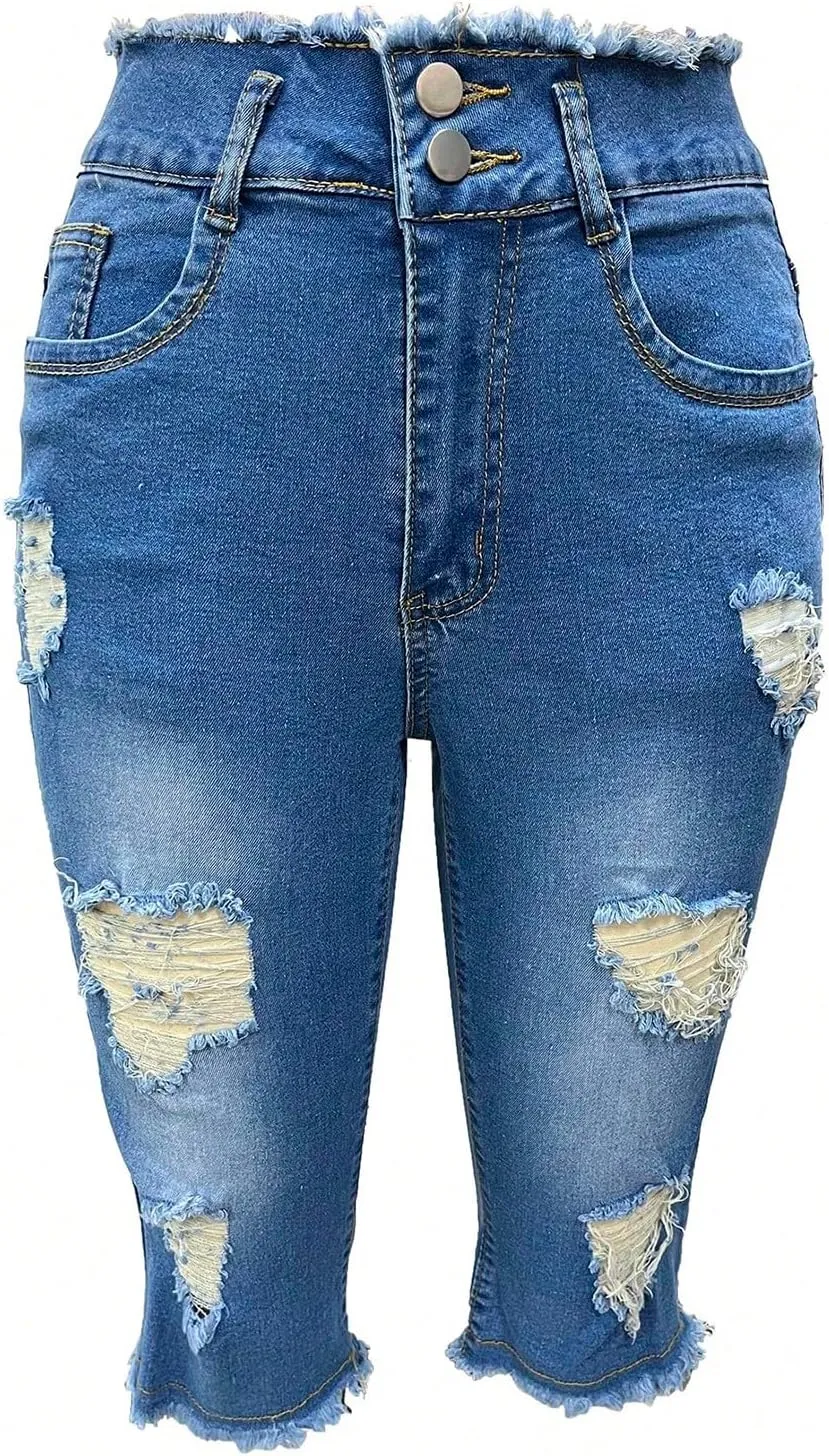 Capri Jeans for Women Stretch Ripped Skinny Jeans Trendy High Waisted Cropped Jeggings Distressed Denim Capris