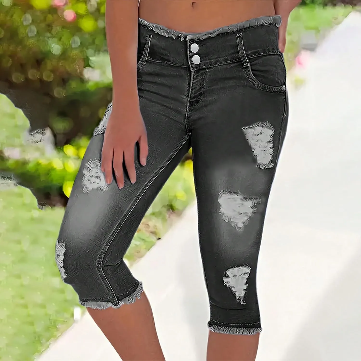 Capri Jeans for Women Stretch Ripped Skinny Jeans Trendy High Waisted Cropped Jeggings Distressed Denim Capris