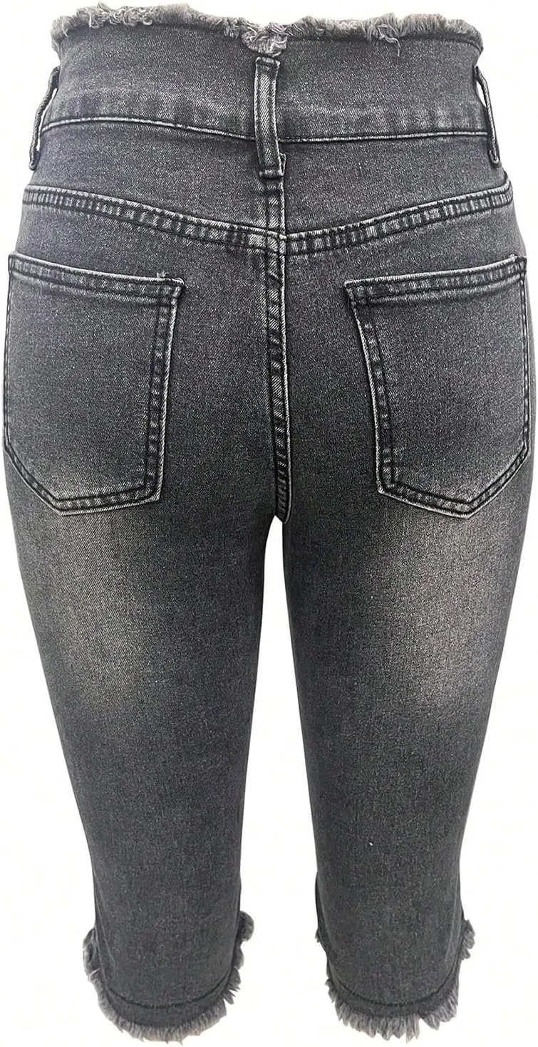 Capri Jeans for Women Stretch Ripped Skinny Jeans Trendy High Waisted Cropped Jeggings Distressed Denim Capris