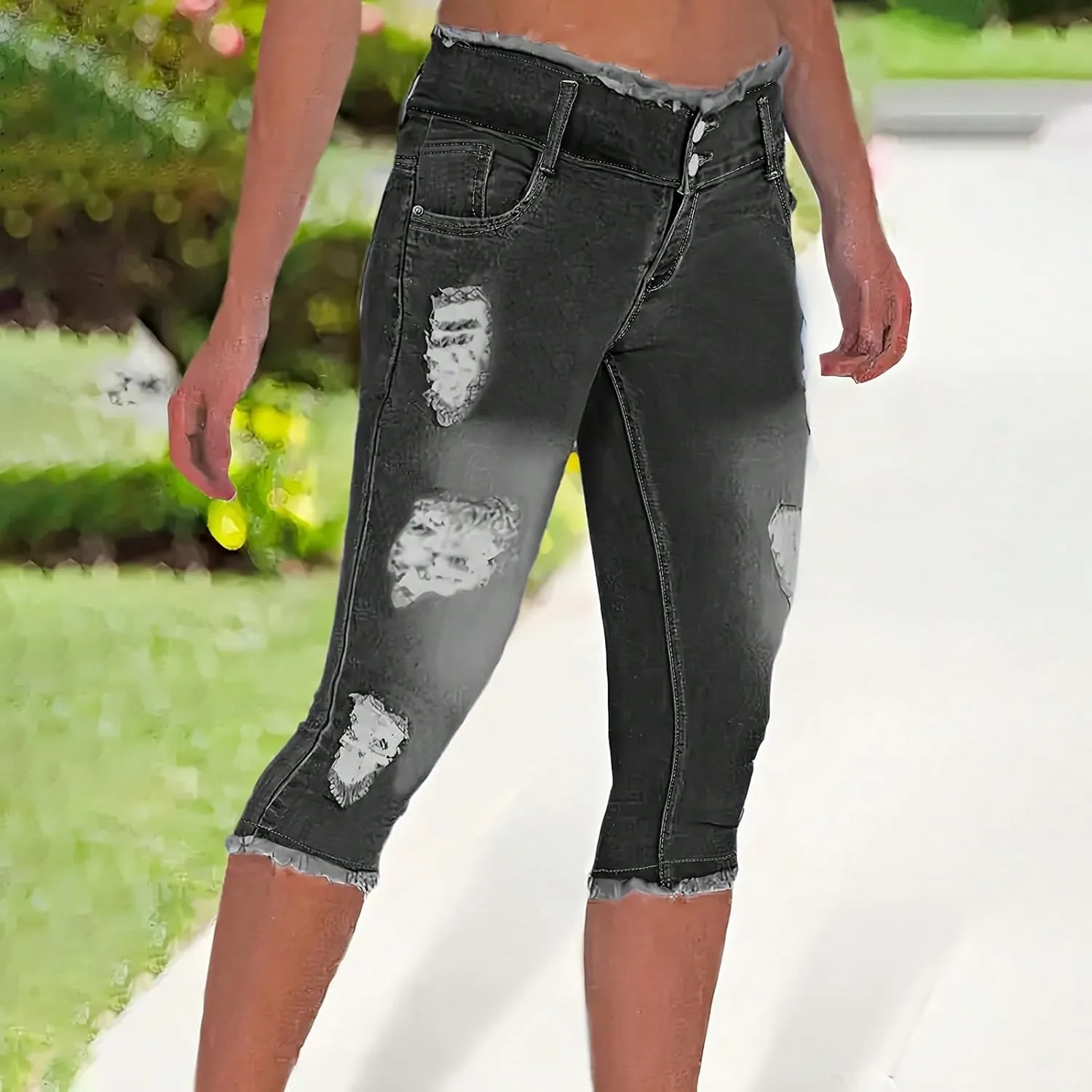 Capri Jeans for Women Stretch Ripped Skinny Jeans Trendy High Waisted Cropped Jeggings Distressed Denim Capris