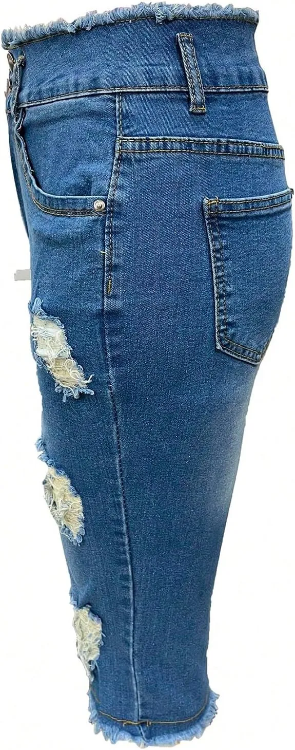 Capri Jeans for Women Stretch Ripped Skinny Jeans Trendy High Waisted Cropped Jeggings Distressed Denim Capris
