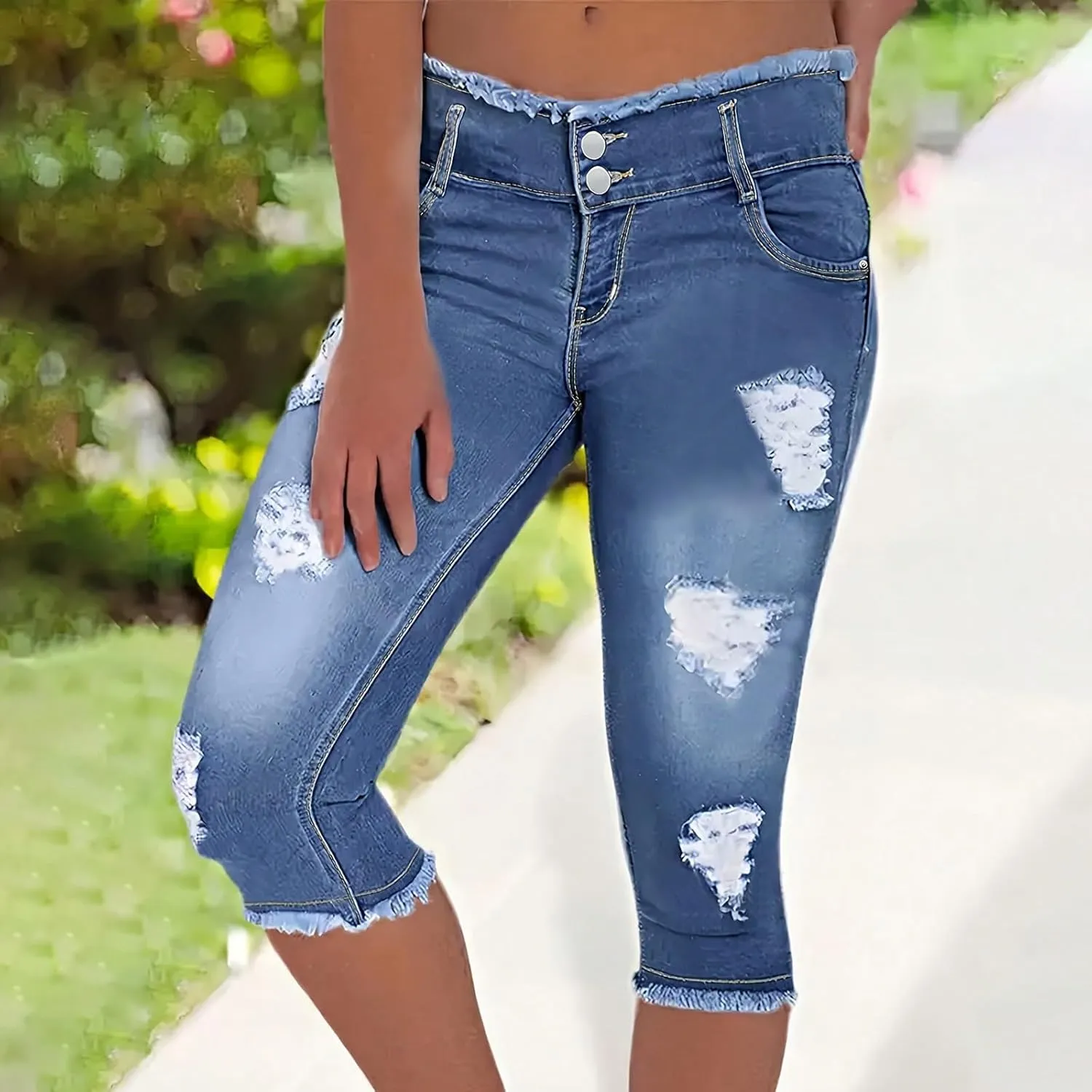 Capri Jeans for Women Stretch Ripped Skinny Jeans Trendy High Waisted Cropped Jeggings Distressed Denim Capris
