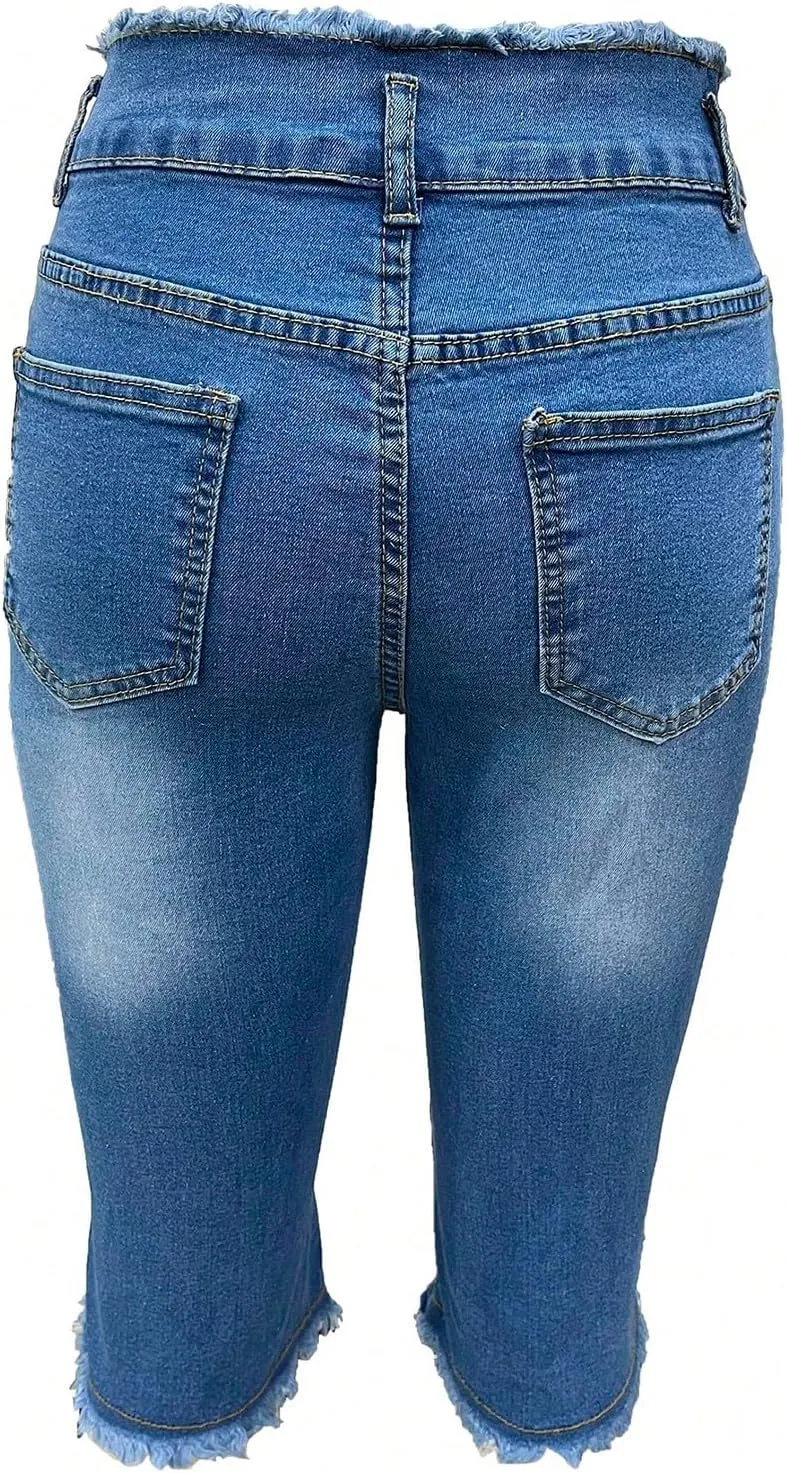Capri Jeans for Women Stretch Ripped Skinny Jeans Trendy High Waisted Cropped Jeggings Distressed Denim Capris