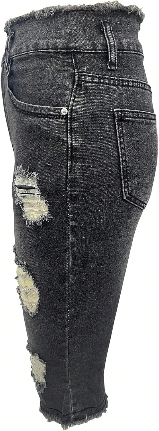 Capri Jeans for Women Stretch Ripped Skinny Jeans Trendy High Waisted Cropped Jeggings Distressed Denim Capris
