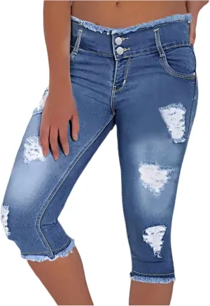 Capri Jeans for Women Stretch Ripped Skinny Jeans Trendy High Waisted Cropped Jeggings Distressed Denim Capris