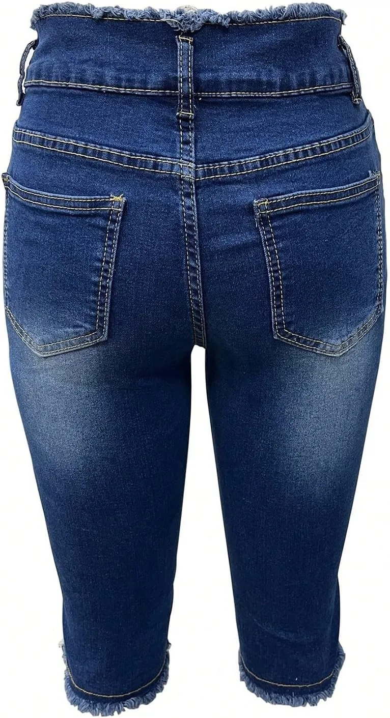 Capri Jeans for Women Stretch Ripped Skinny Jeans Trendy High Waisted Cropped Jeggings Distressed Denim Capris