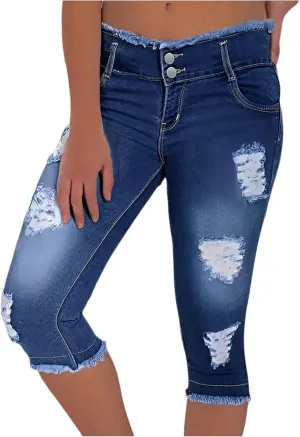 Capri Jeans for Women Stretch Ripped Skinny Jeans Trendy High Waisted Cropped Jeggings Distressed Denim Capris