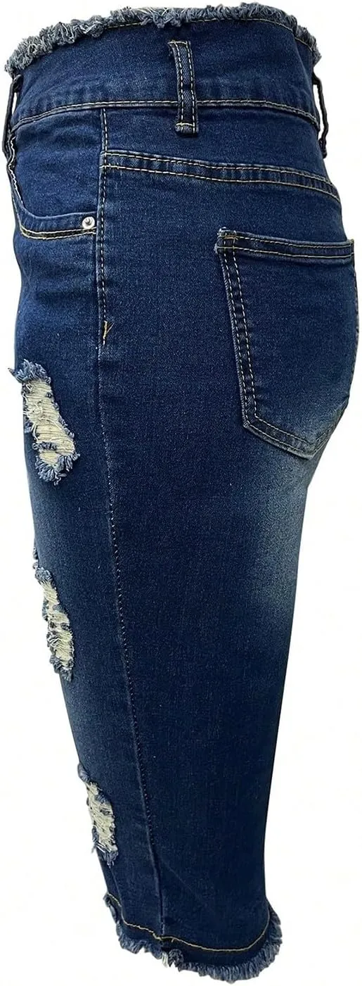 Capri Jeans for Women Stretch Ripped Skinny Jeans Trendy High Waisted Cropped Jeggings Distressed Denim Capris