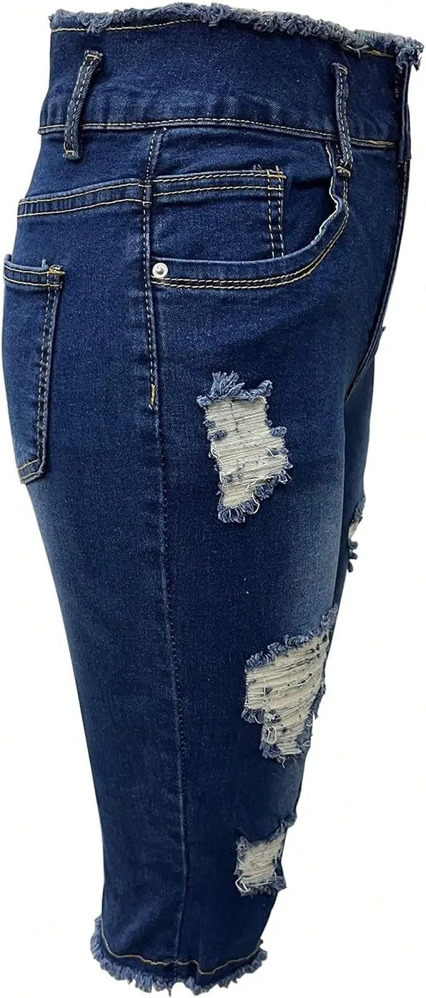 Capri Jeans for Women Stretch Ripped Skinny Jeans Trendy High Waisted Cropped Jeggings Distressed Denim Capris