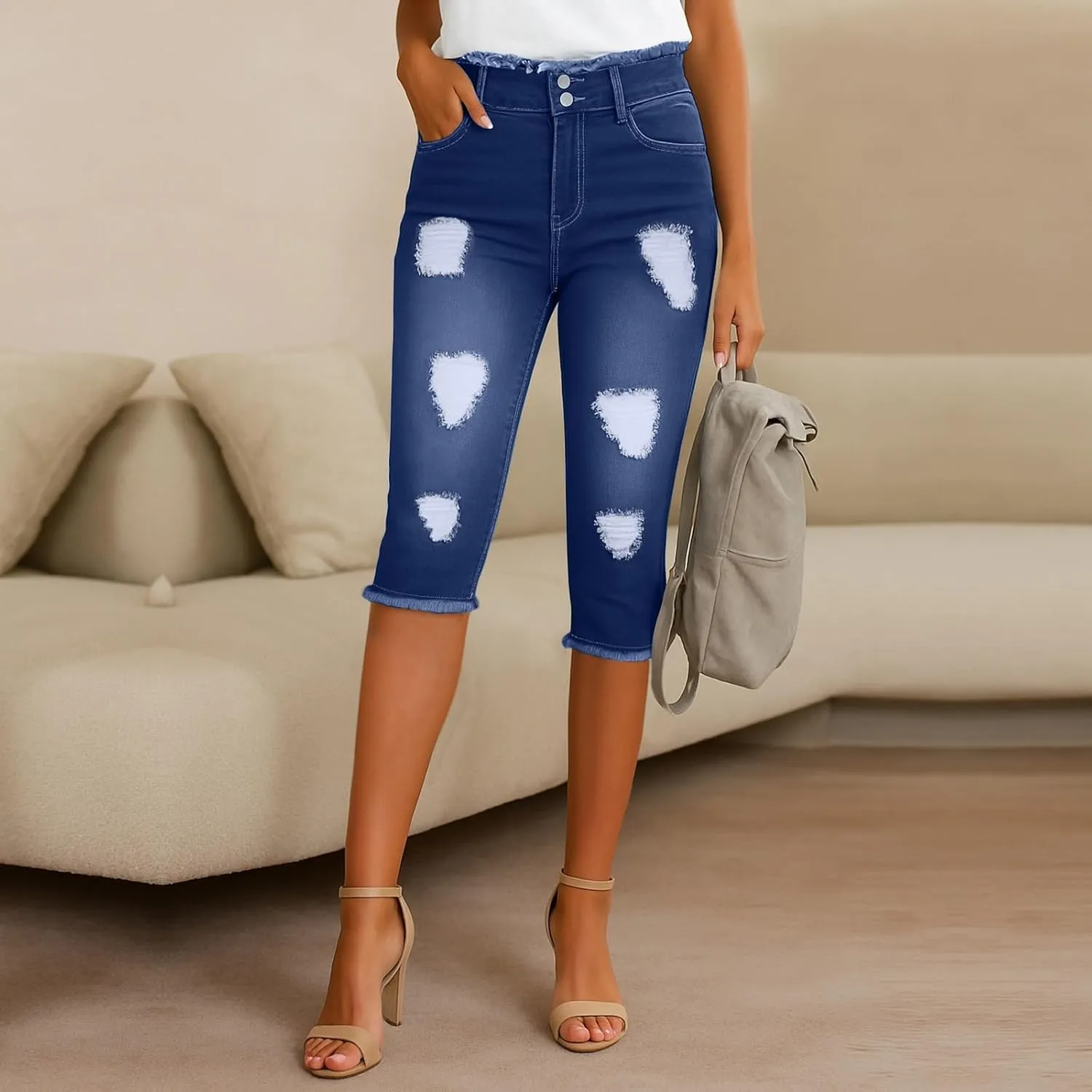 Capri Ripped Jeans for Women Low Rise Distressed Denim Capris Vintage Wash Skinny Jeans Cropped Pants with Pockets