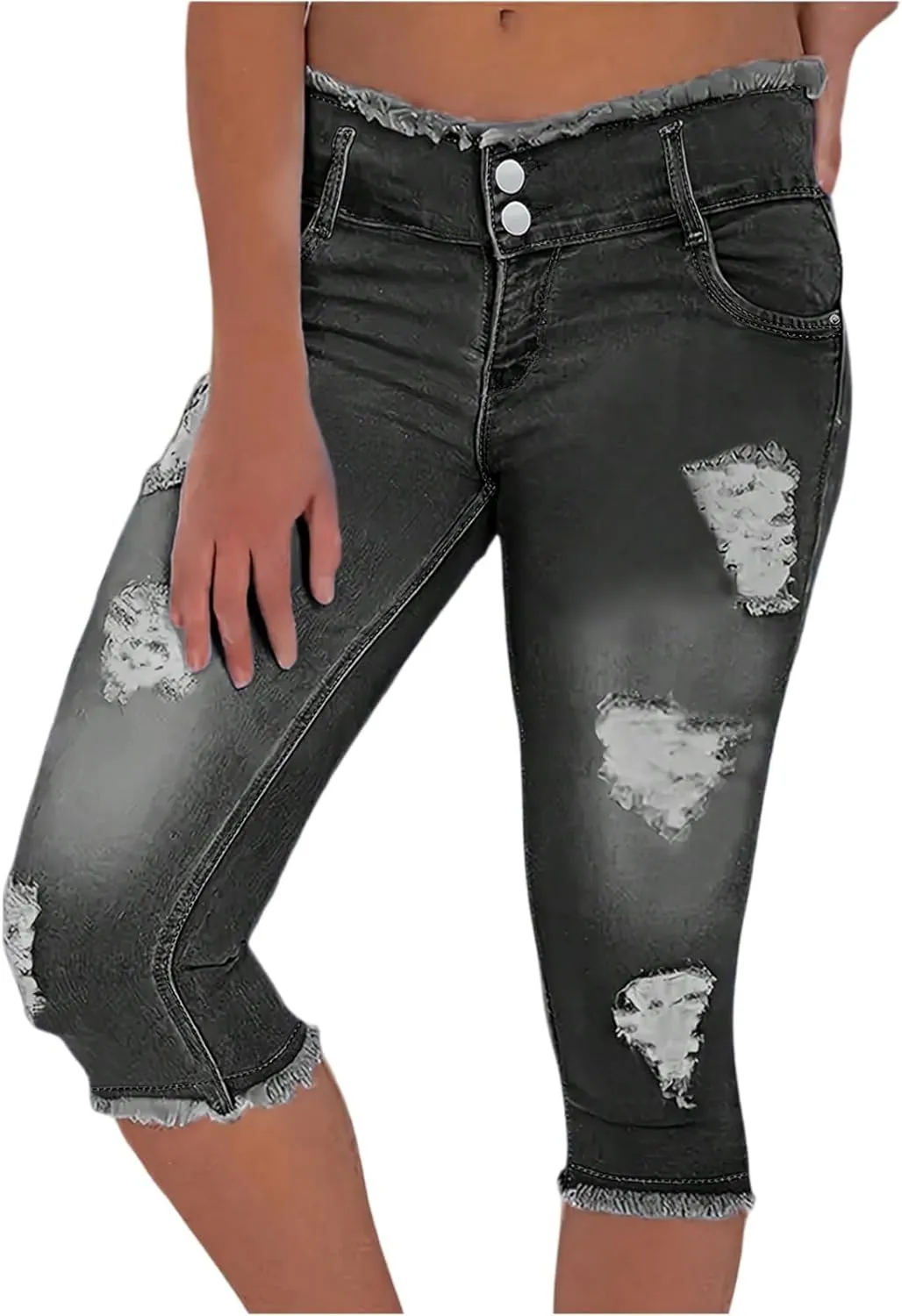 Capri Ripped Jeans for Women Low Rise Distressed Denim Capris Vintage Wash Skinny Jeans Cropped Pants with Pockets