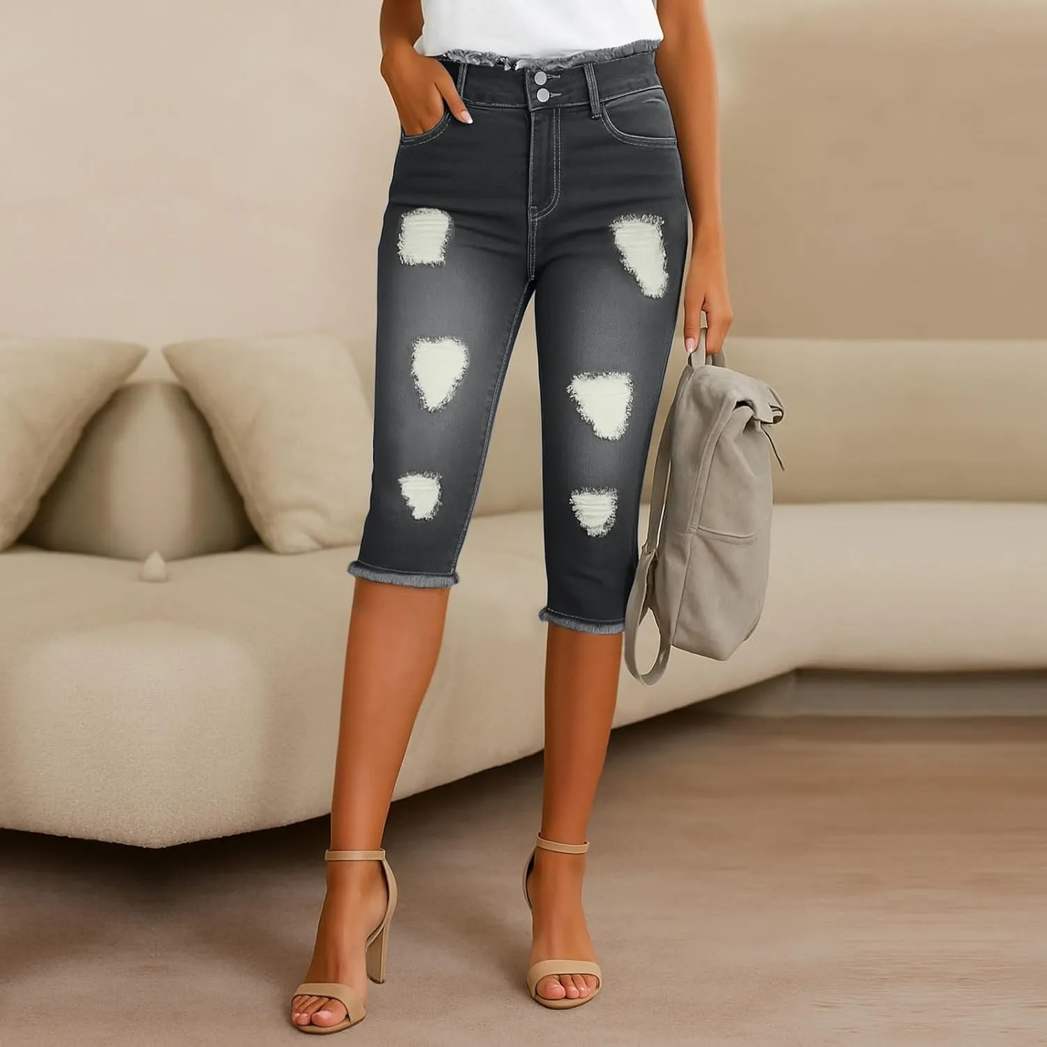 Capri Ripped Jeans for Women Low Rise Distressed Denim Capris Vintage Wash Skinny Jeans Cropped Pants with Pockets