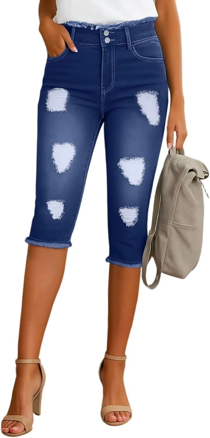 Capri Ripped Jeans for Women Low Rise Distressed Denim Capris Vintage Wash Skinny Jeans Cropped Pants with Pockets