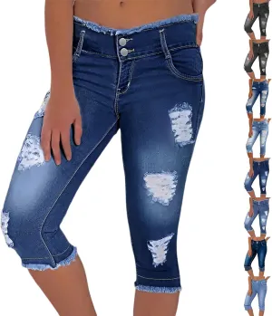 Capri Ripped Jeans for Women Low Rise Distressed Denim Capris Vintage Wash Skinny Jeans Cropped Pants with Pockets