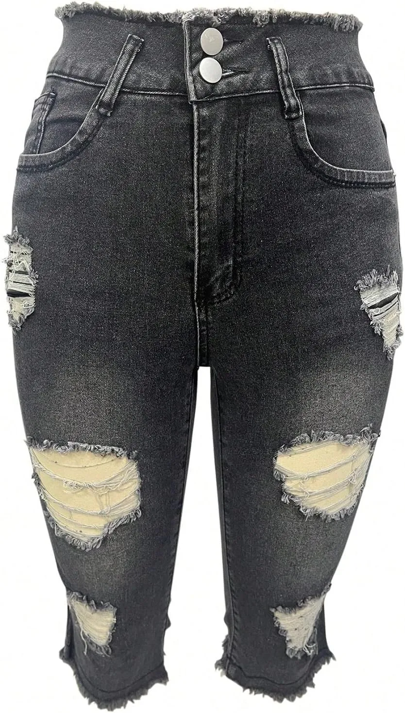 Capri Ripped Jeans for Women Low Rise Distressed Denim Capris Vintage Wash Skinny Jeans Cropped Pants with Pockets