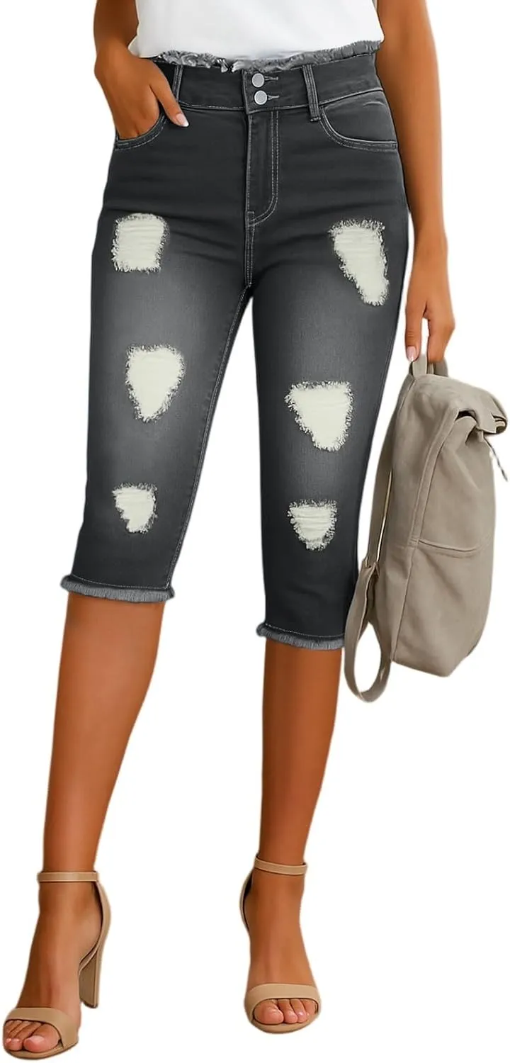 Capri Ripped Jeans for Women Low Rise Distressed Denim Capris Vintage Wash Skinny Jeans Cropped Pants with Pockets