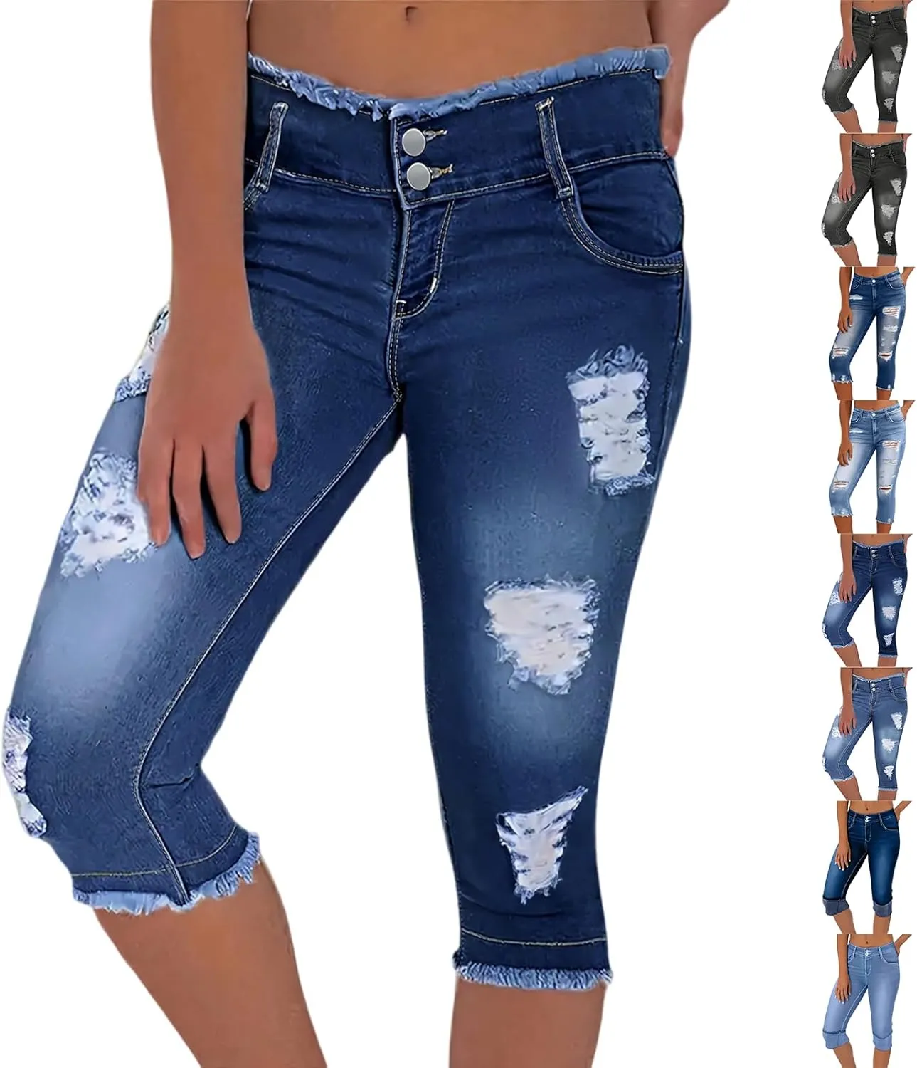Capri Ripped Jeans for Women Low Rise Distressed Denim Capris Vintage Wash Skinny Jeans Cropped Pants with Pockets