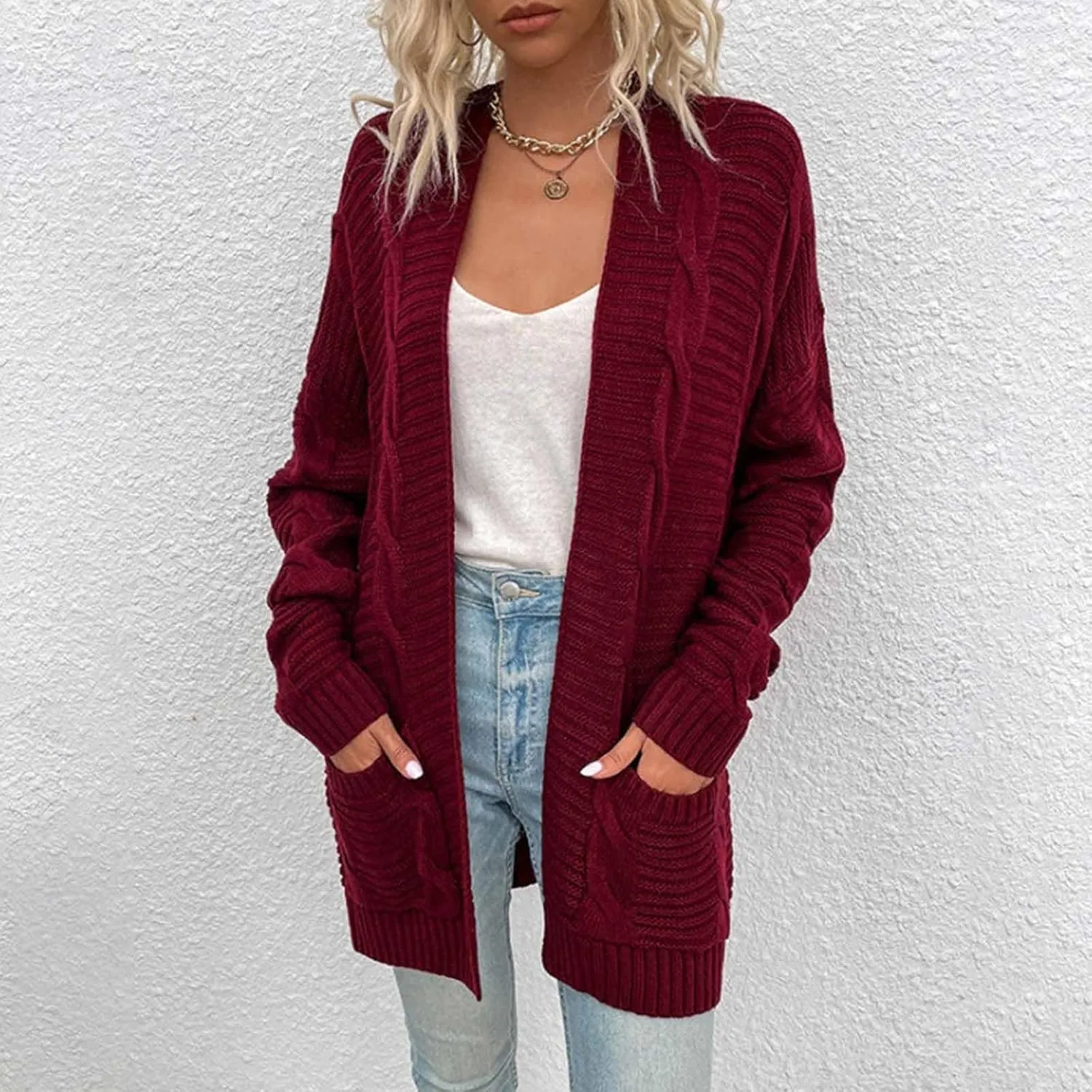 Cardigan Sweaters for Women Lightweight Long Sleeve Sweater with Pockets Solid Chunky Jackets Fall Winter