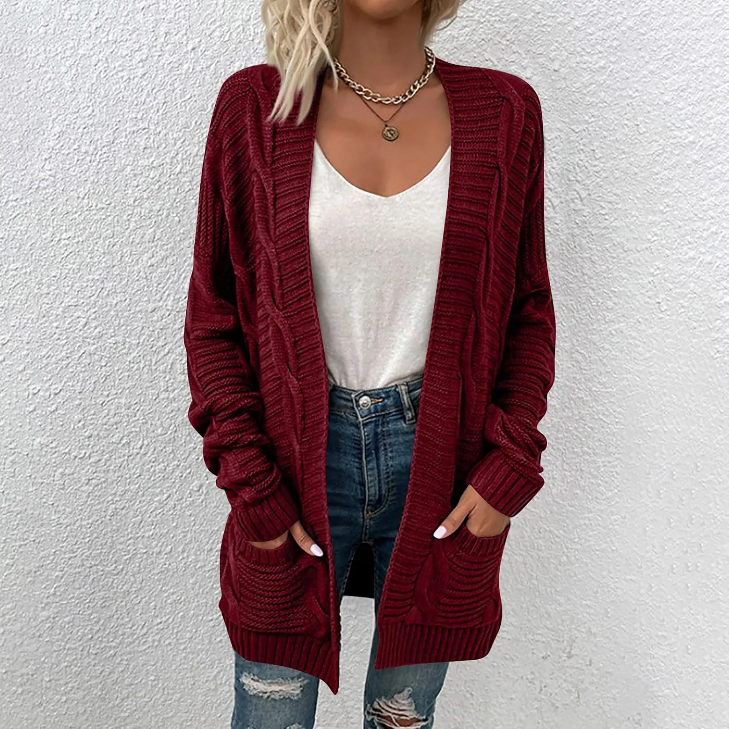 Cardigan Sweaters for Women Lightweight Long Sleeve Sweater with Pockets Solid Chunky Jackets Fall Winter