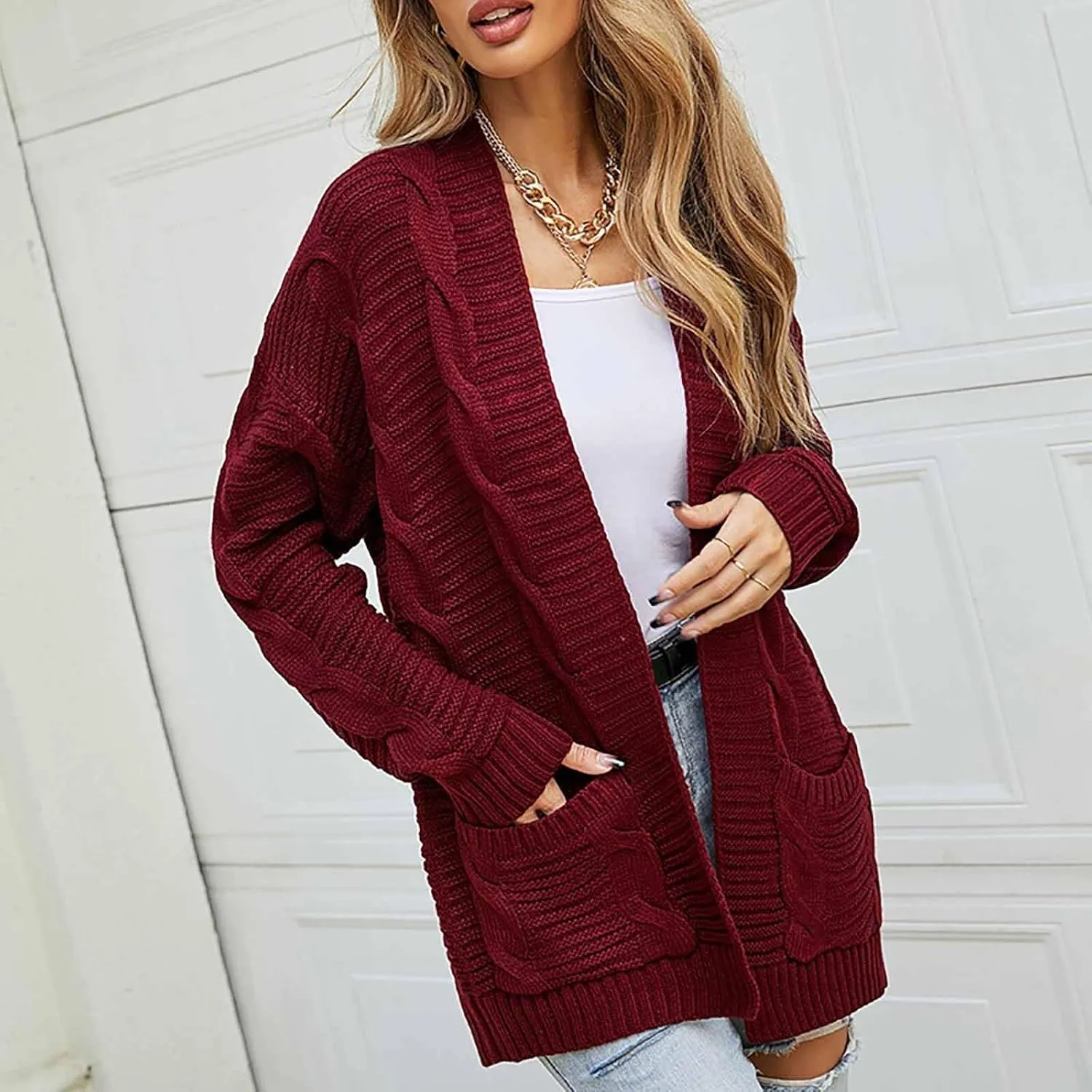 Cardigan Sweaters for Women Lightweight Long Sleeve Sweater with Pockets Solid Chunky Jackets Fall Winter