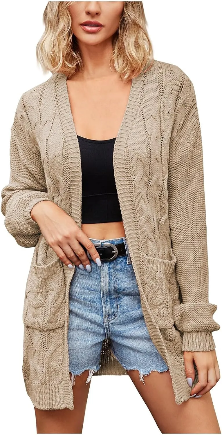 Cardigan Sweaters for Women Trendy 2024 Fashion Open Front Long Sleeve Chunky Cable Knit Outerwear Coats with Pockets