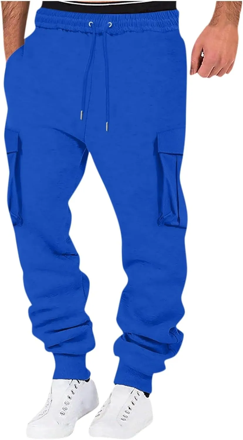 Cargo Sweatpants for Men Lightweight Drawstring Waist Joggers Multi Pocket Relaxed Fit Cinch Bottom Sweatpants