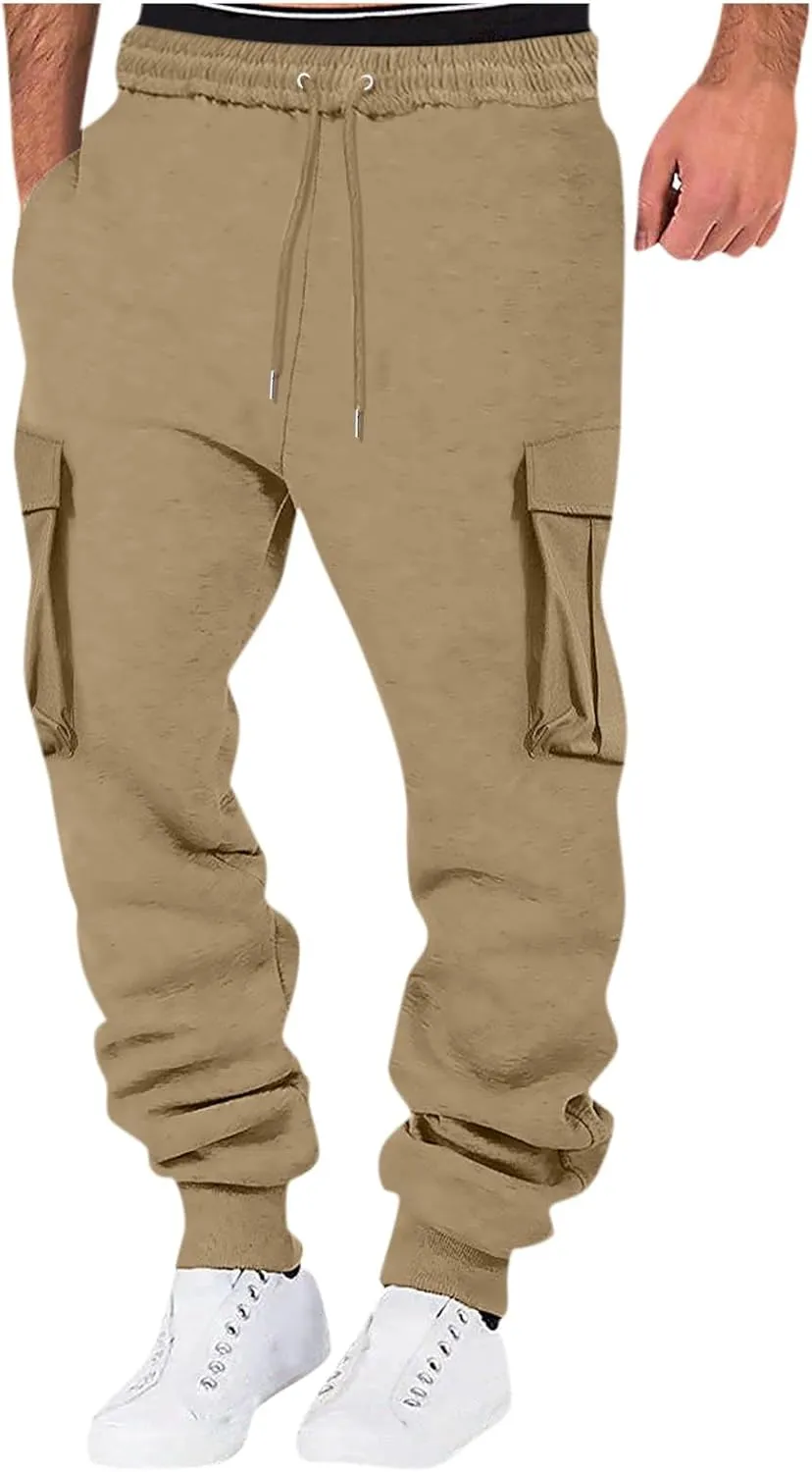 Cargo Sweatpants for Men Lightweight Drawstring Waist Joggers Multi Pocket Relaxed Fit Cinch Bottom Sweatpants