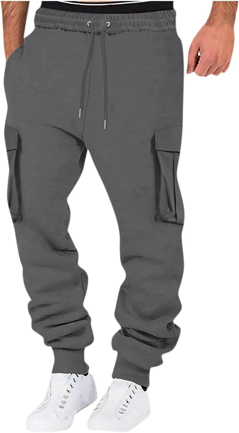 Cargo Sweatpants for Men Lightweight Drawstring Waist Joggers Multi Pocket Relaxed Fit Cinch Bottom Sweatpants