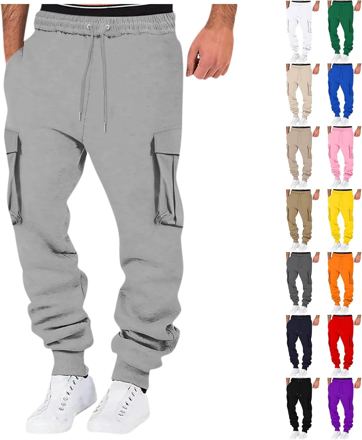 Cargo Sweatpants for Men Lightweight Drawstring Waist Joggers Multi Pocket Relaxed Fit Cinch Bottom Sweatpants