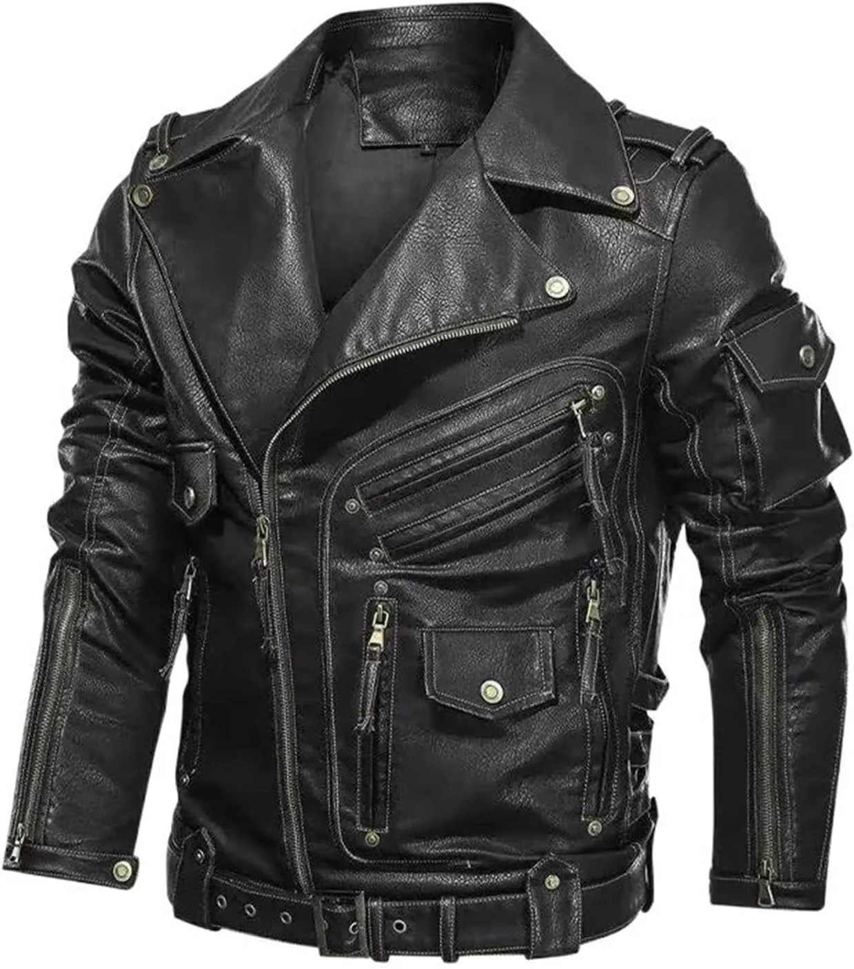 Casual Men's Motorcycle Leather Jacket, Zippered Pocket, Winter