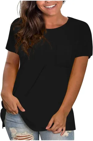 Casual Shirts for Women Vneck Chest Pocket Short Sleeve Tshirts Oversized Summer Fashion Solid Color Breathable Tops