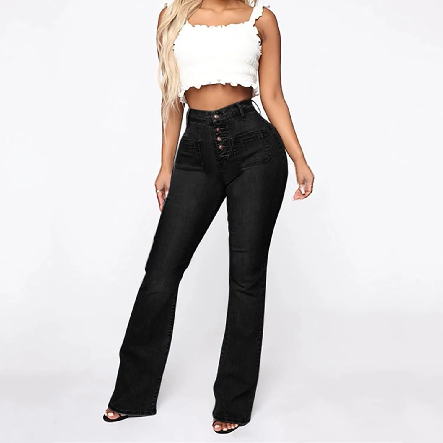 Cdiecer Flared Jeans Women Bell Bottom Jeans Button Closure Jeans Pants High Waisted Stretch Jeans Tummy Control Jeans Y2k