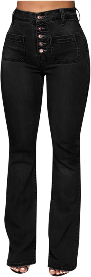 Cdiecer Flared Jeans Women Bell Bottom Jeans Button Closure Jeans Pants High Waisted Stretch Jeans Tummy Control Jeans Y2k