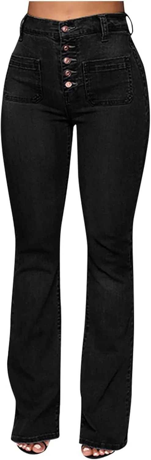 Cdiecer Flared Jeans Women Bell Bottom Jeans Button Closure Jeans Pants High Waisted Stretch Jeans Tummy Control Jeans Y2k