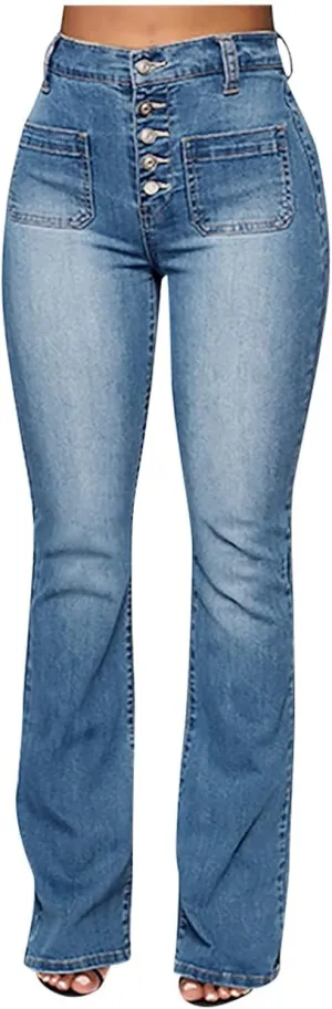 Cdiecer Flared Jeans Women Bell Bottom Jeans Button Closure Jeans Pants High Waisted Stretch Jeans Tummy Control Jeans Y2k