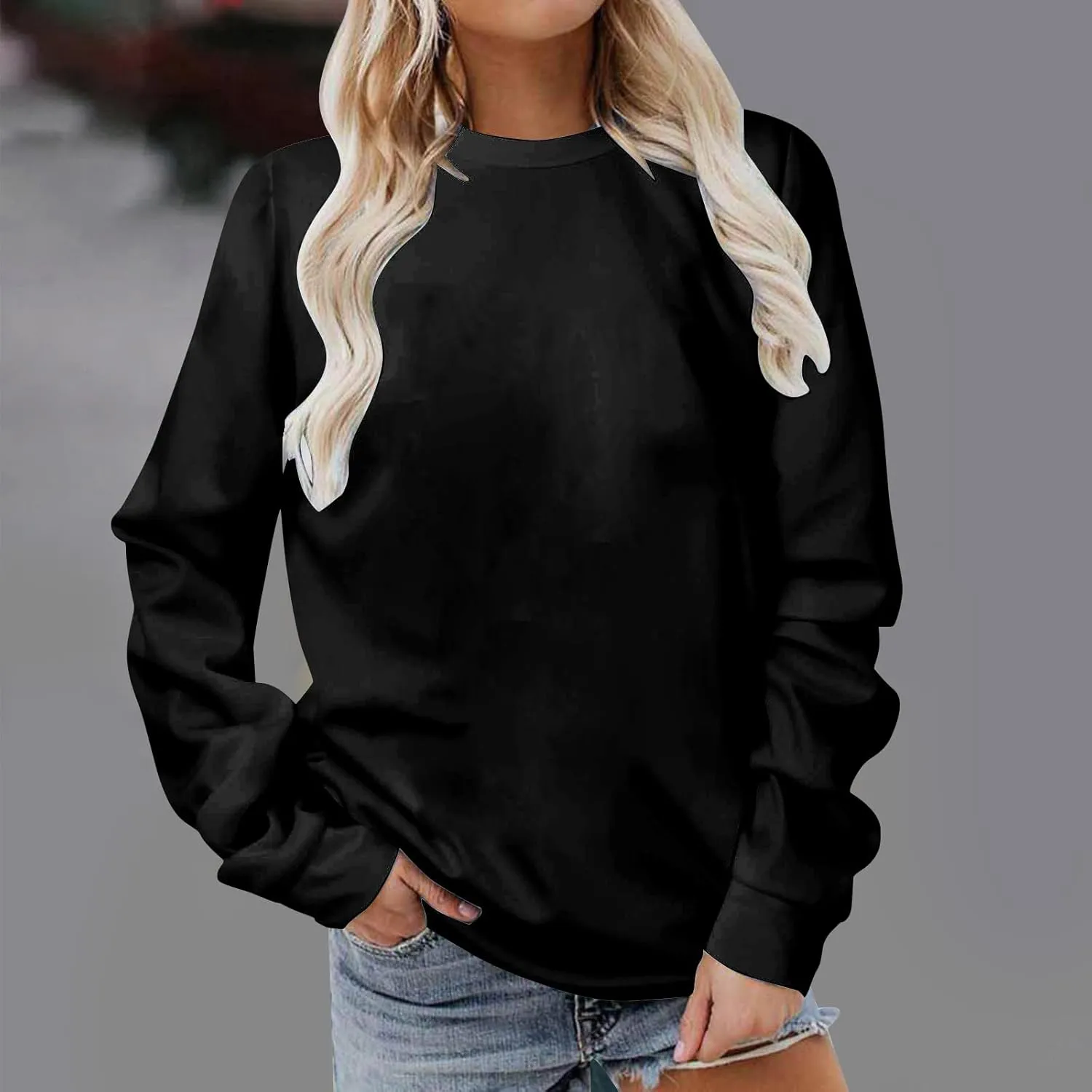 Ceboyel Womens No Hooded Crew Neck Sweatshirt Solid Color Comfy Pullover Tops Long Sleeve Shirts Sweater Trendy Clothes 2024