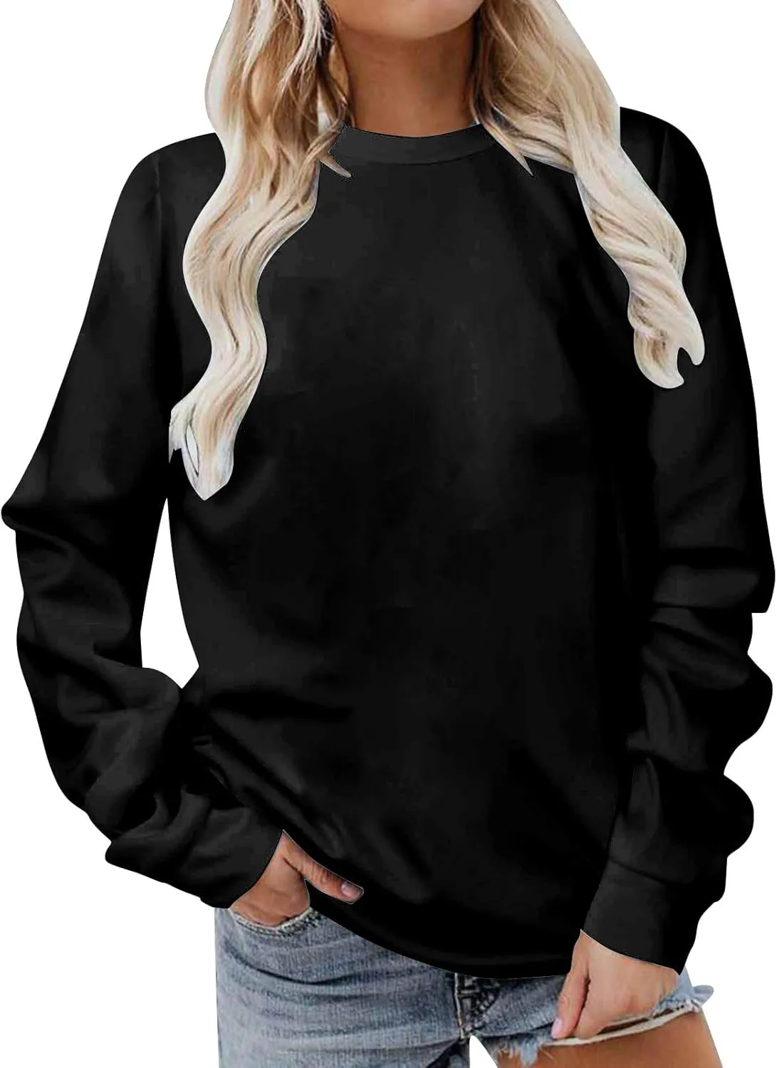Ceboyel Womens No Hooded Crew Neck Sweatshirt Solid Color Comfy Pullover Tops Long Sleeve Shirts Sweater Trendy Clothes 2024