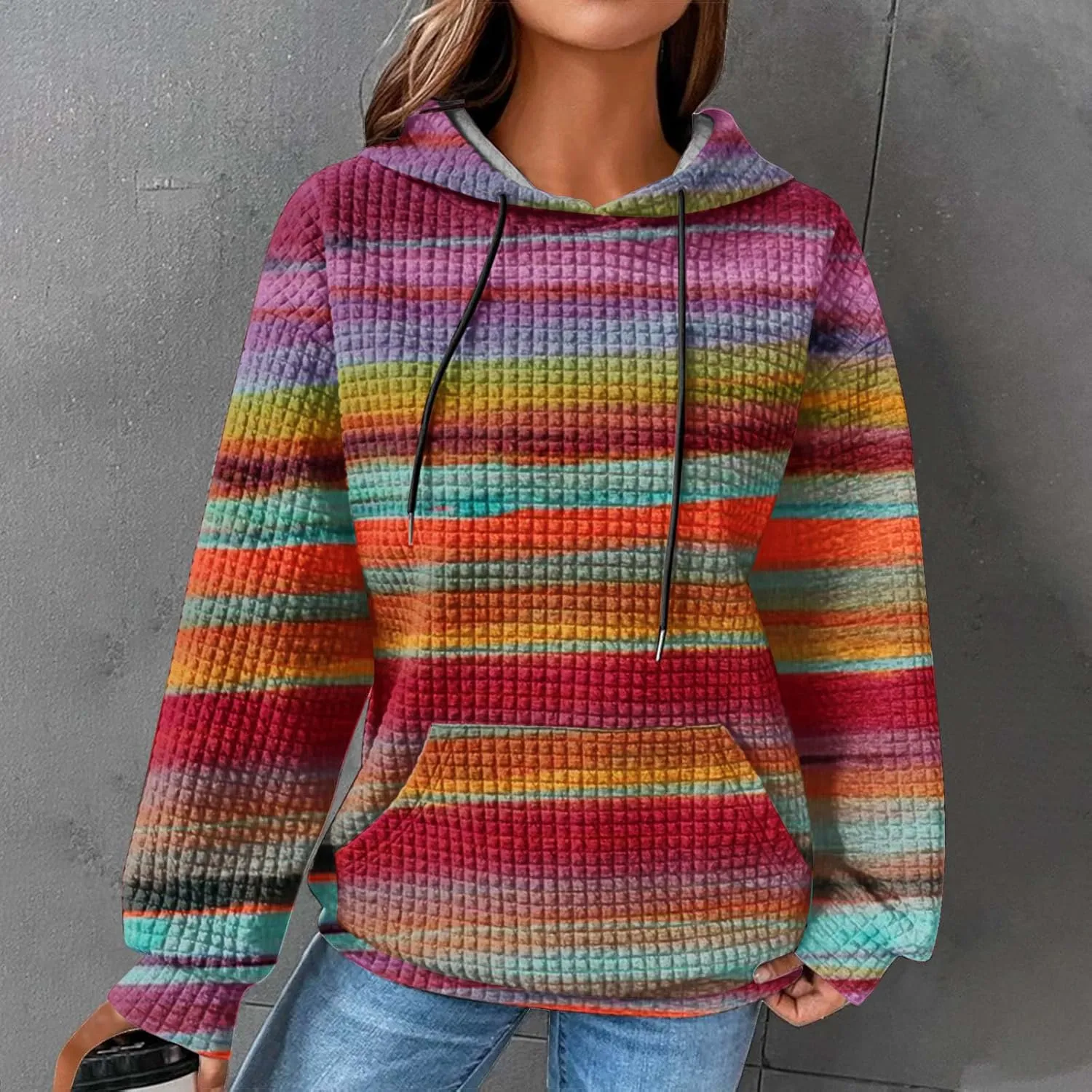 Ceboyel Womens Waffle Knit Hooded Sweatshirts Trendy Hoodies Sweater Long Sleeve Pullover Tops Teen Girls Cute Winter Outfits