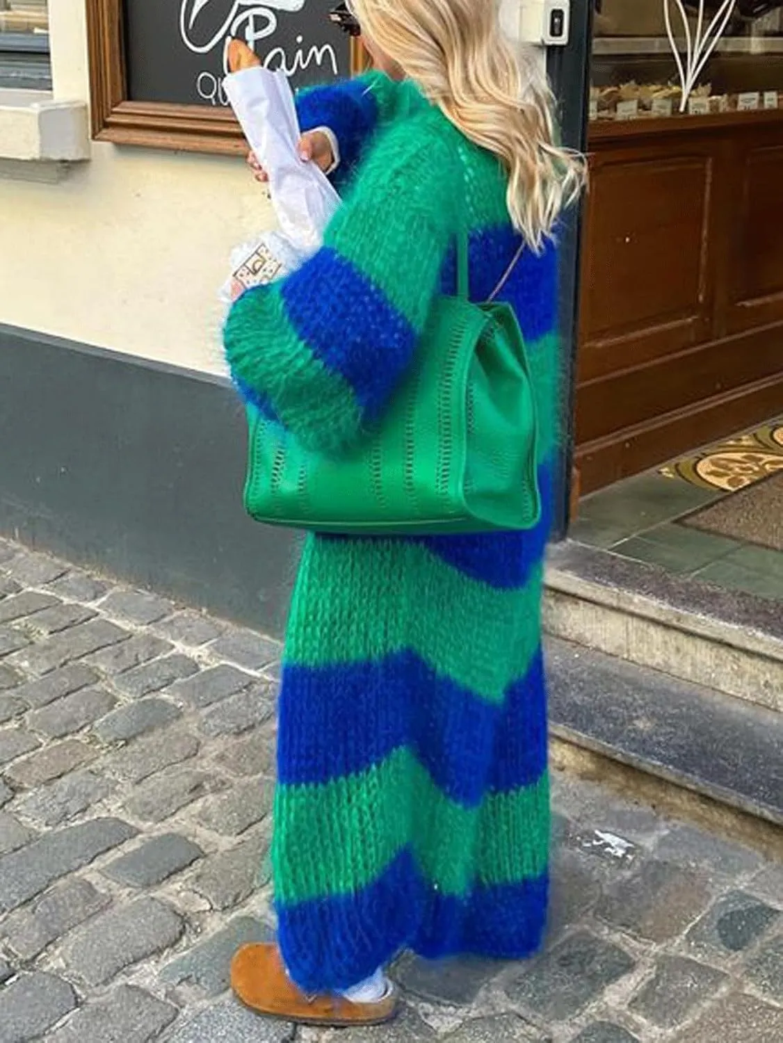 CHARTOU Women's Slouchy Fuzzy Chunky Knit Open Front Cardigan Stripe Color Block Lantern Sleeve Long Sweater