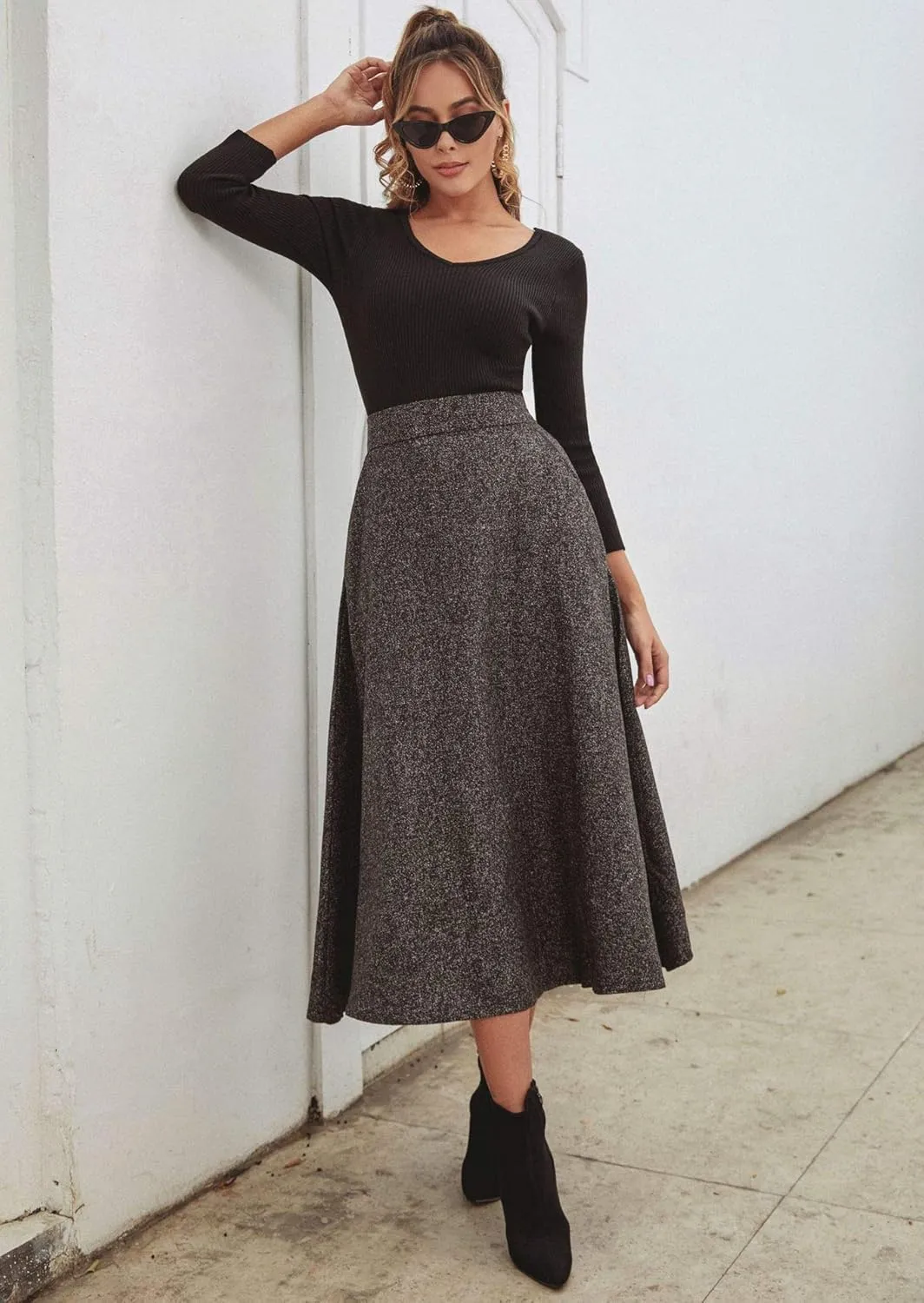 Choies Women's High Waist A-line Flared Long Skirt Winter Fall Midi Skirt