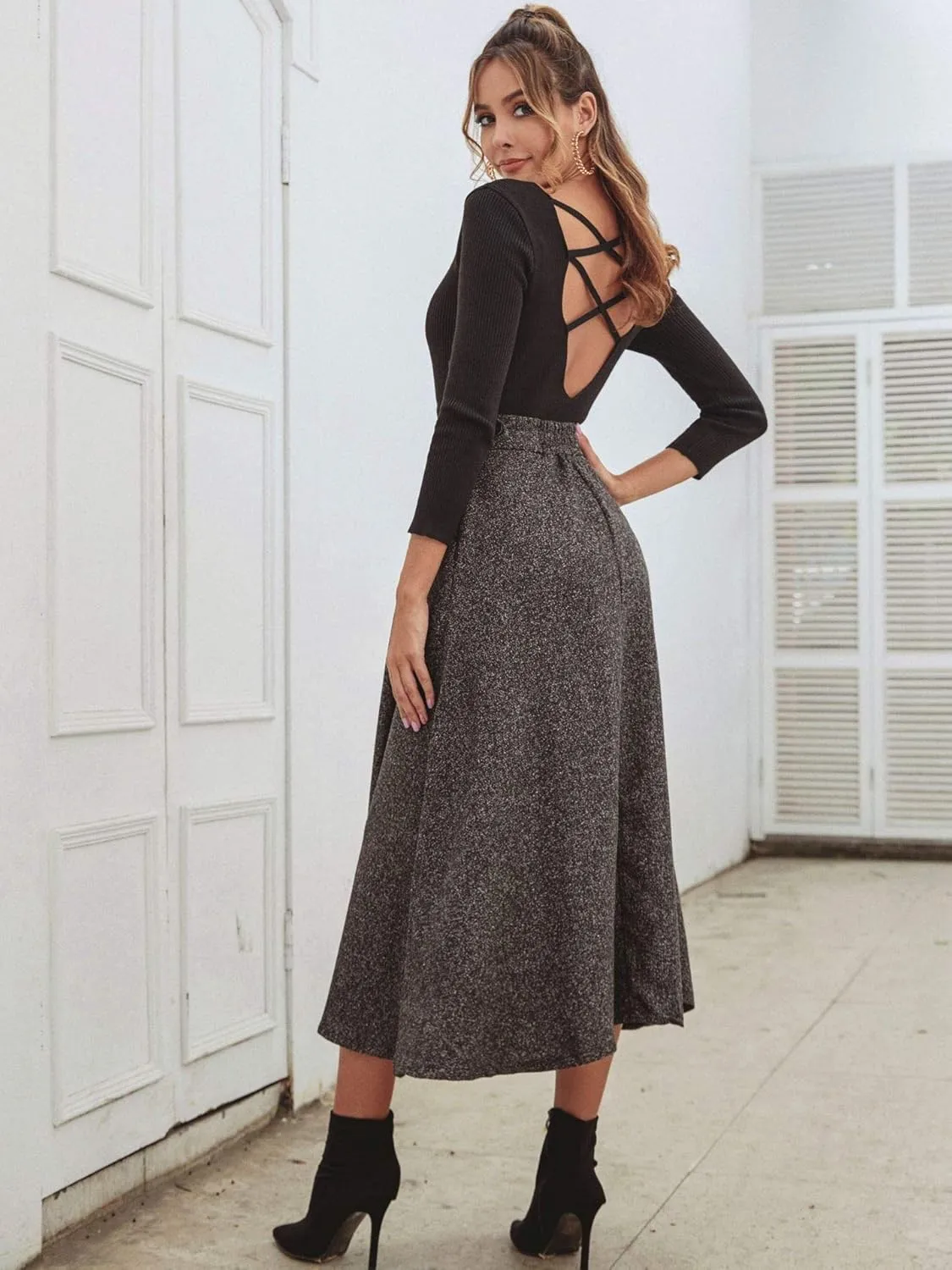 Choies Women's High Waist A-line Flared Long Skirt Winter Fall Midi Skirt
