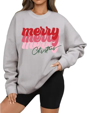 Christmas Sweatshirts for Women Oversized Fashion Graphic Merry Letter Shirt Long Sleeve Crewneck Pullover Xmas Tops