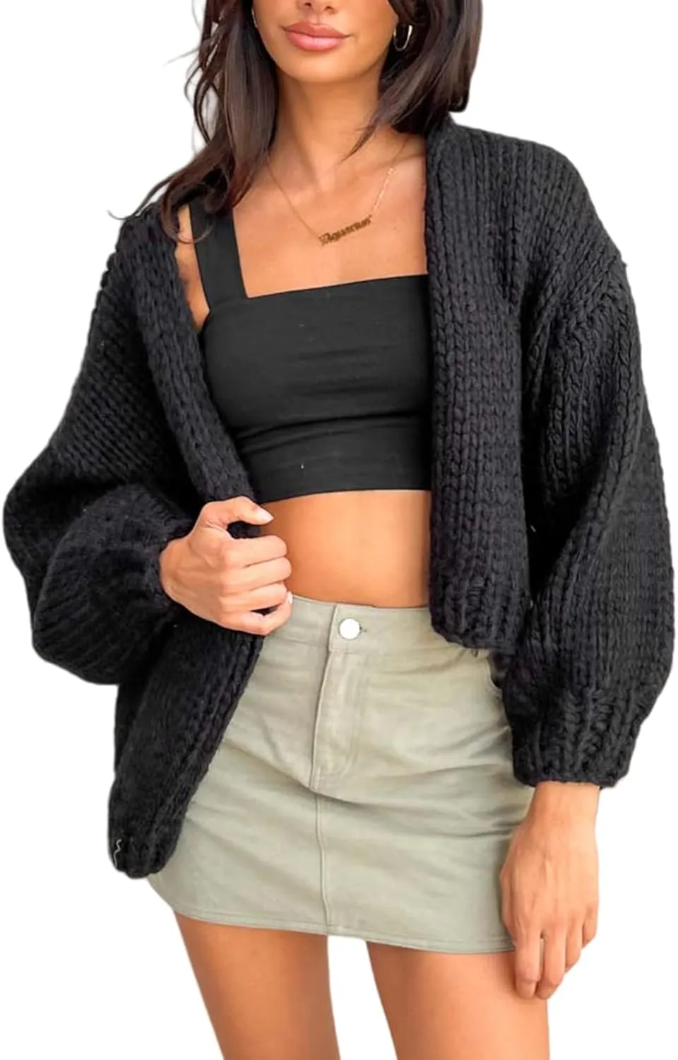 Chunky Cropped Cardigan for Women Open Front Long Sleeve Cable Knit Oversized Sweater Cute Cardigans for Teen Girls