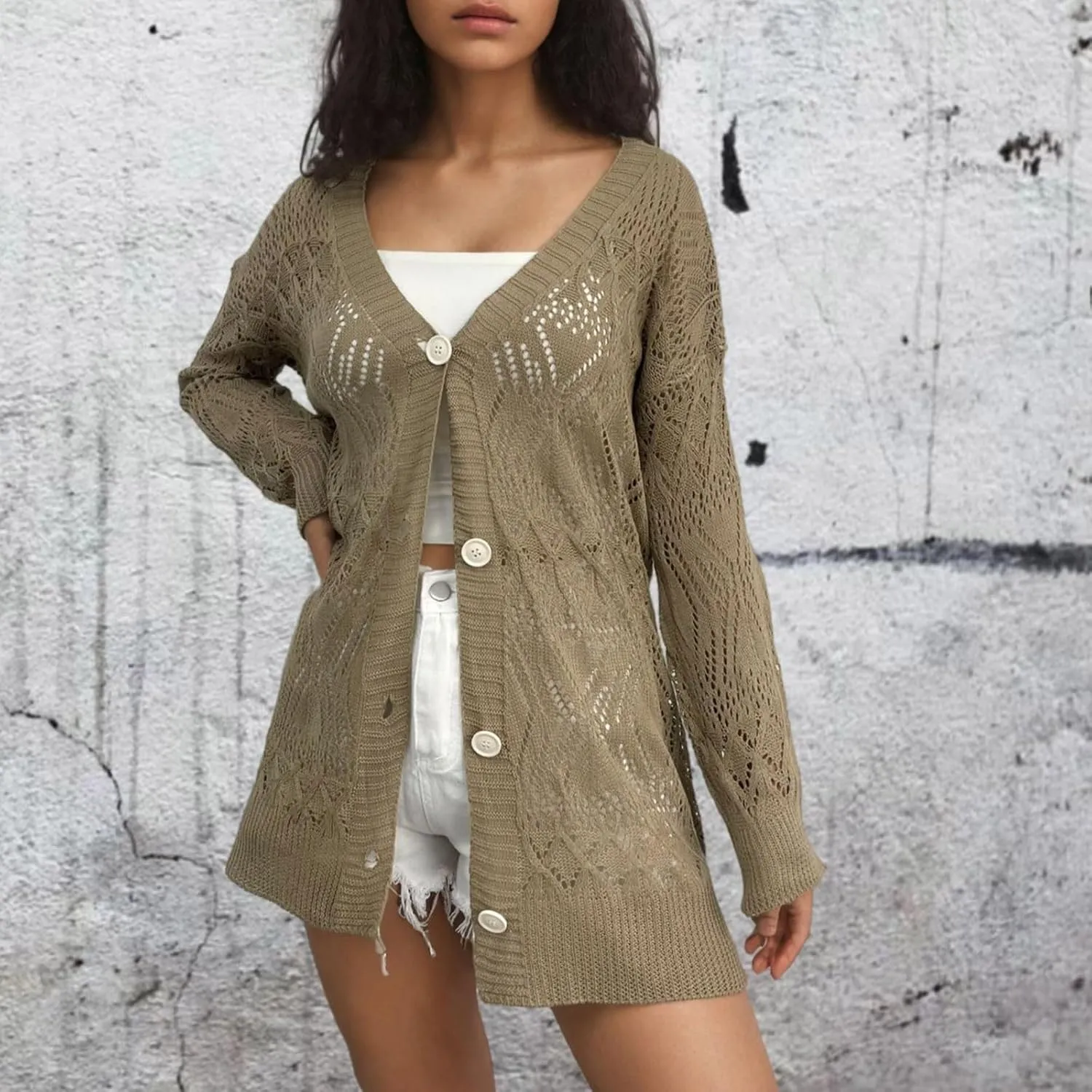 Chunky Knit Cardigans for Women Hollow Out Cardigan Sweater Women's Knitted Solid Color V-Neck Long Sleeve Coat