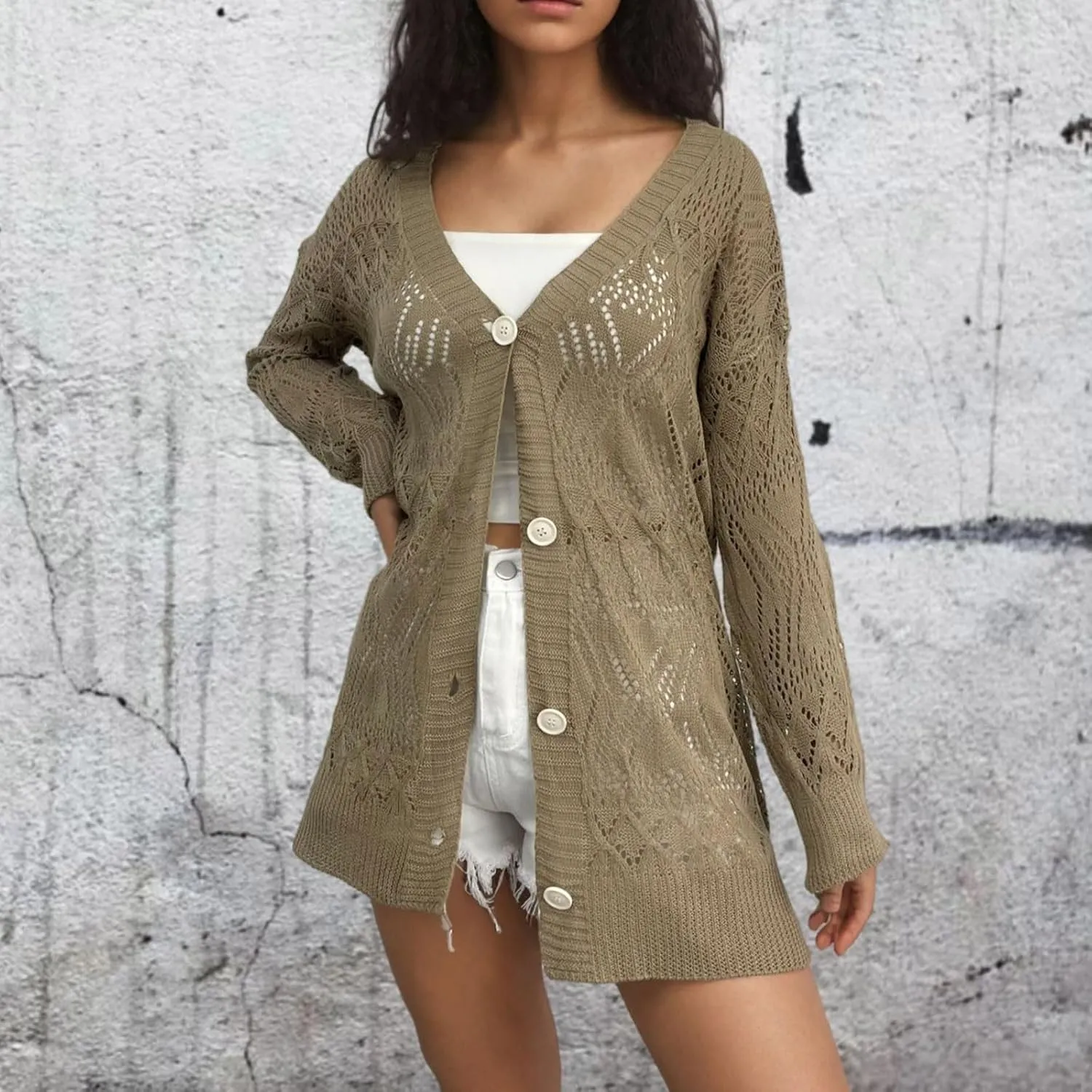 Chunky Knit Cardigans for Women Hollow Out Cardigan Sweater Women's Knitted Solid Color V-Neck Long Sleeve Coat