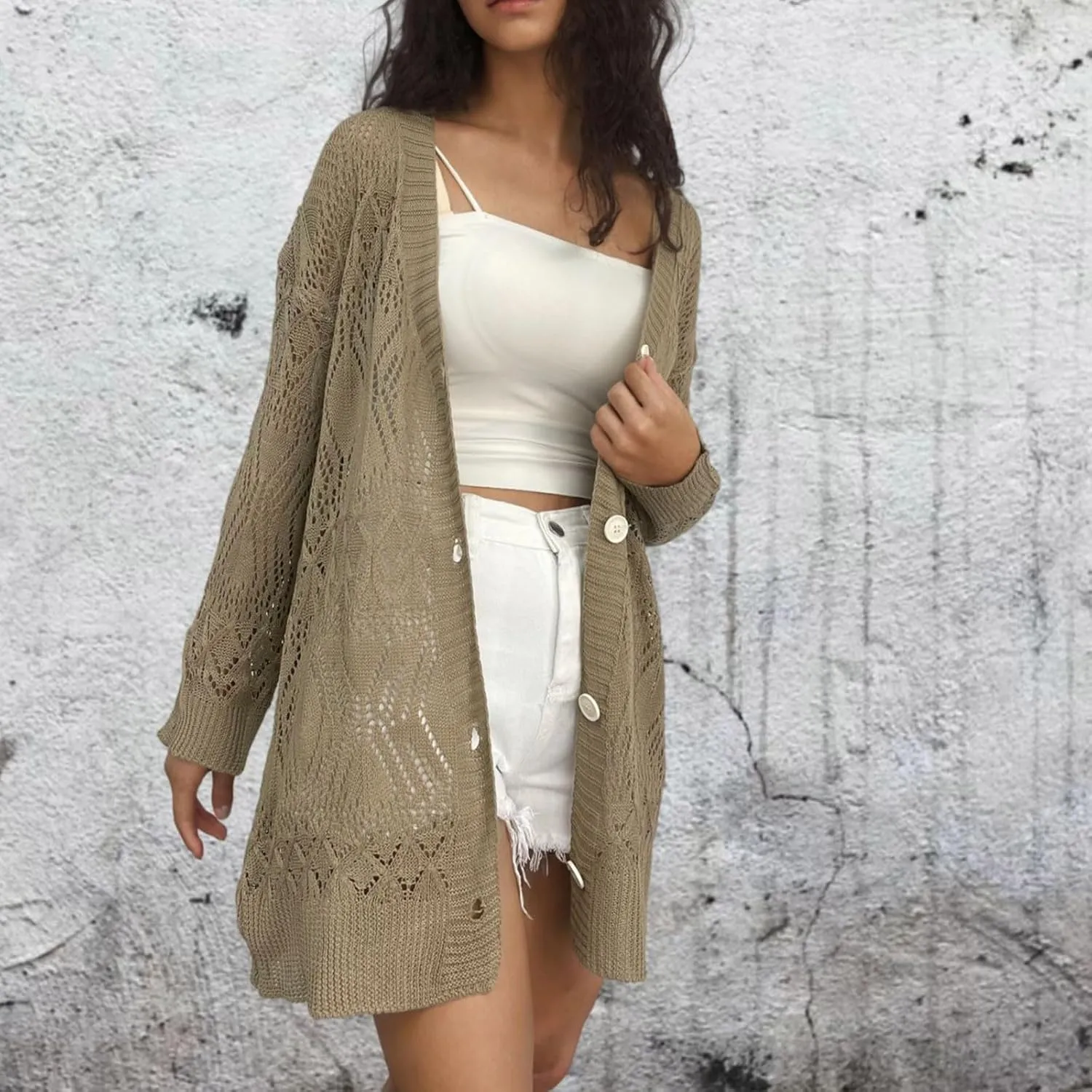 Chunky Knit Cardigans for Women Hollow Out Cardigan Sweater Women's Knitted Solid Color V-Neck Long Sleeve Coat
